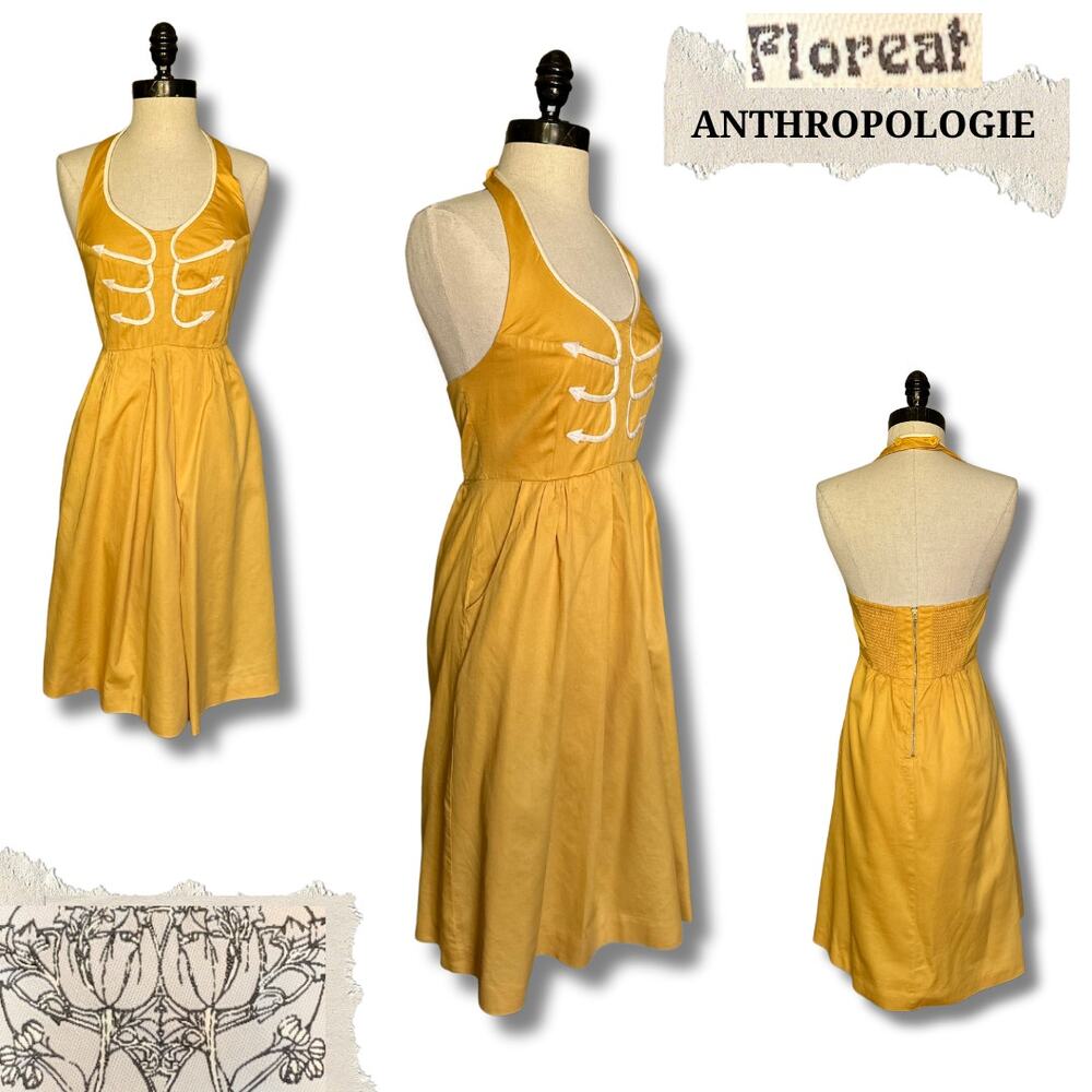 Anthropologie Yellow Halter A-Line Dress with Contrast Trim